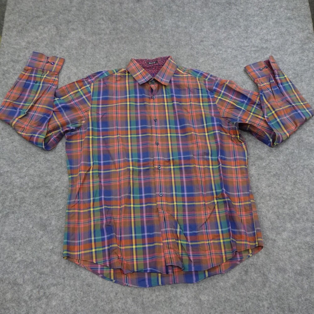 Bugatchi Uomo Button Up Shirt Mens Large Orange Long Sleeve Classic Fit Check